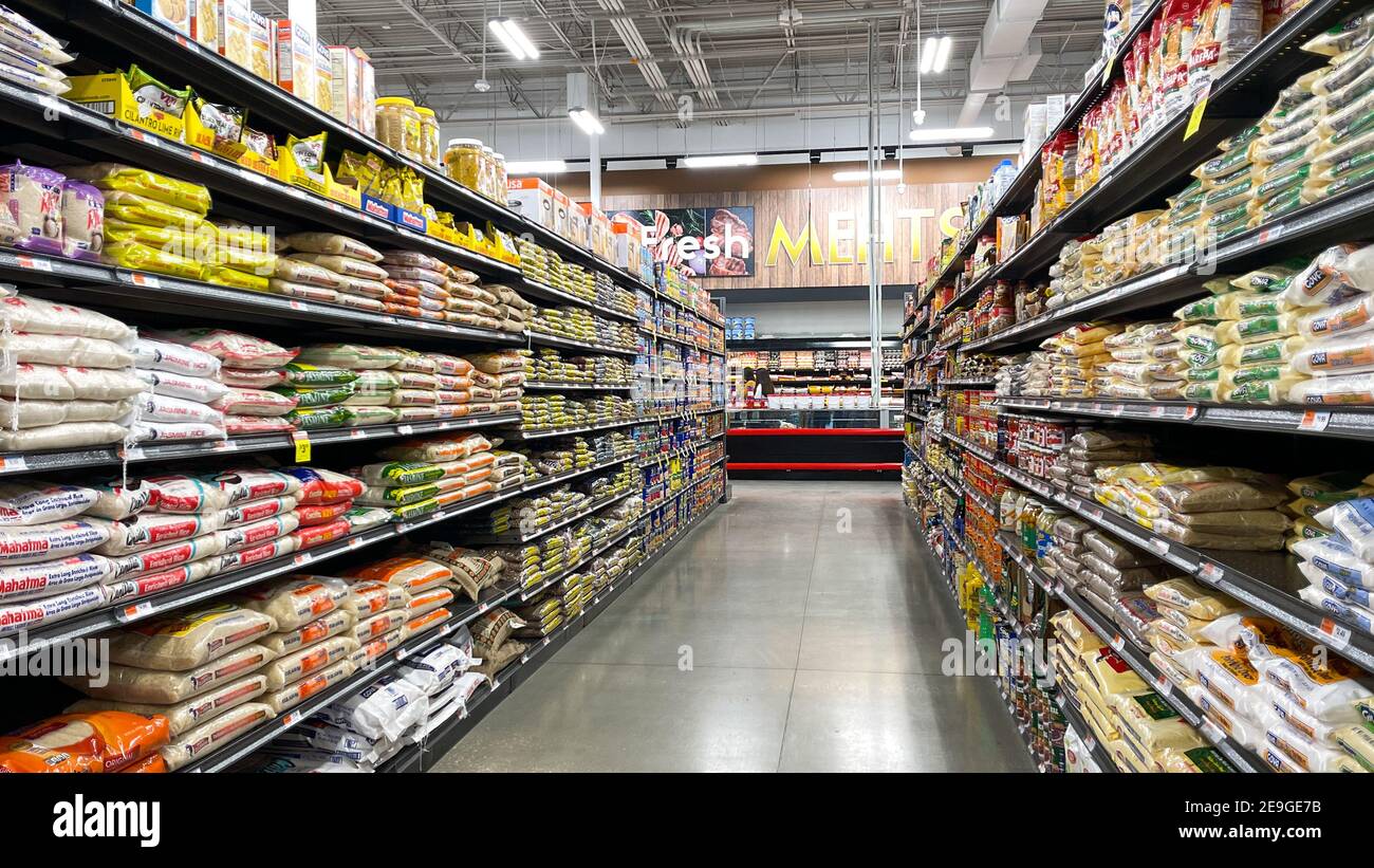 Orlando, FL USA December 27, 2020 The rice aisles of a Bravo Market