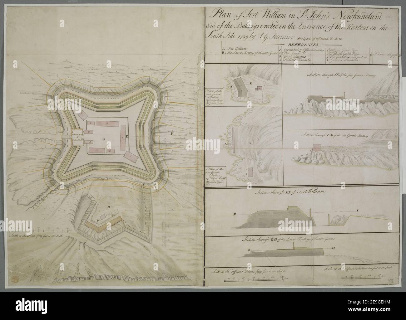 Plan of Fort William in St: John's Newfoundland and of the Batterys erected in the Entrance of the Harbour on the South Side 1749  Author  Fournier, A. G. 119.105. Place of publication: [St John's?] Publisher: by A. G. Fournier, Date of publication: [1749.]  Item type: 8 maps on 2 sheets Medium: comprising 1 large sheet (of 2 smaller sheets joined on linen) and 1 small sheet, all manuscript pen and ink with watercolour Dimensions: sheets 75 x 105 cm and 30 x 23 cm  Former owner: George III, King of Great Britain, 1738-1820 Stock Photo