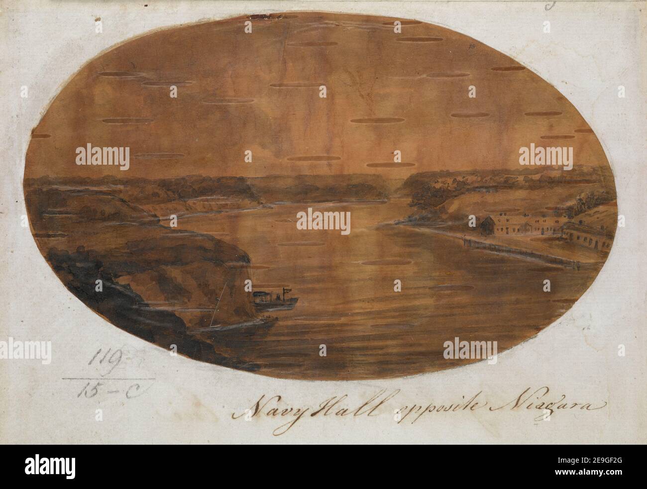 Navy Hall opposite Niagara. Author  Simcoe, Elizabeth 119.15.c. Date of publication: [around 1792]  Item type: 1 drawing Medium: pen and black ink with monochrome wash on birchbark Dimensions: sheet 10.7 x 17.2 cm (oval)  Former owner: George III, King of Great Britain, 1738-1820 Stock Photo