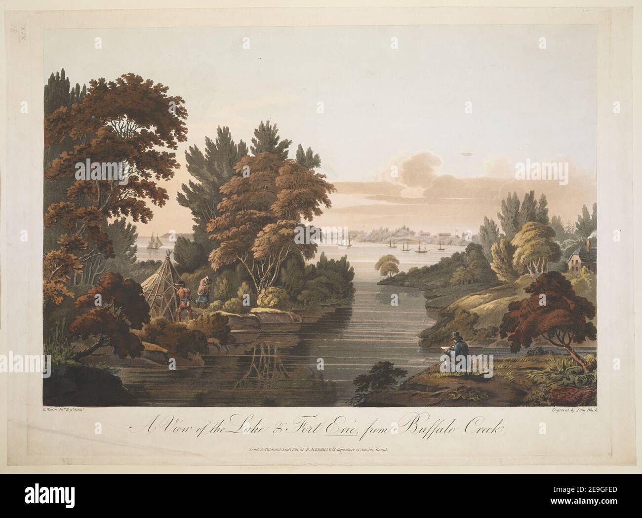 A View of the Lake & Fort Erie from Buffalo Creek.  Author  Bluck, John 119.18. Place of publication: London Publisher: Publish'd Jany 1 1811 at R. ACKERMANN'S Repository of Arts 101 Stratnd, Date of publication: [January 1 1811]  Item type: 1 print Medium: aquatint and etching with hand-colouring Dimensions: platemark 41.9 x 55 cm, on sheet 42.8 x 59.1 cm  Former owner: George III, King of Great Britain, 1738-1820 Stock Photo