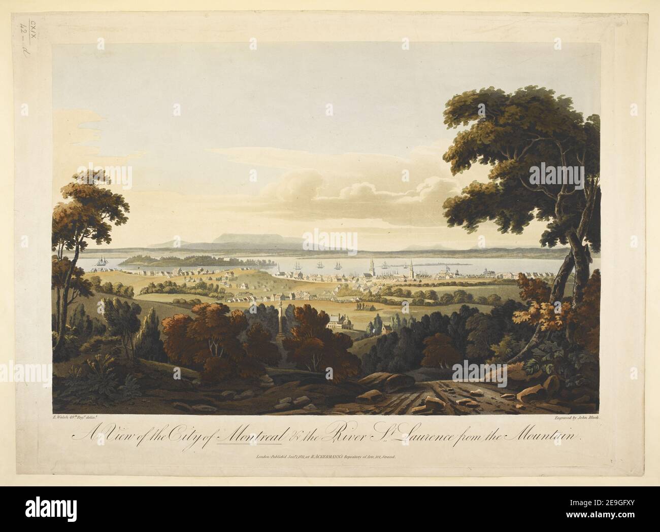 A View of the City of Montreal & the River St Lawrence from the Mountain.  Author  Bluck, John 119.42.d. Place of publication: London Publisher: Publish'd Jany 1 1811, at R. ACKERMANN'S Repository of Arts, 101, Strand., Date of publication: [January 1 1811]  Item type: 1 print Medium: etching and aquatint with hand-colouring Dimensions: platemark 42.8 x 55.2 cm, on sheet 44.2 x 59.9 cm  Former owner: George III, King of Great Britain, 1738-1820 Stock Photo