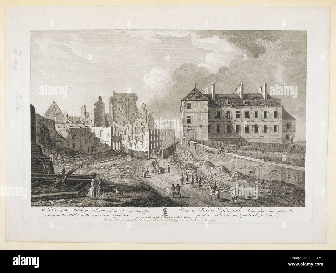 A View of the Bishop's House with the Ruins, as they appear in going up the Hill from the Lower to the Upper Town.  Author  Benoist, A. 119.39.a.7. Place of publication: [London] Publisher: Septr 1st 1761. Publish'd according to Act of Parliament by R. Short , Sold by Thos Jefferys the Corner of St Martins Lane, Charing Cross., Date of publication: [September 1 1761]  Item type: 1 print Medium: etching and engraving Dimensions: platemark 36.6 x 53.5 cm, on sheet 43.3 x 59.2 cm  Former owner: George III, King of Great Britain, 1738-1820 Stock Photo