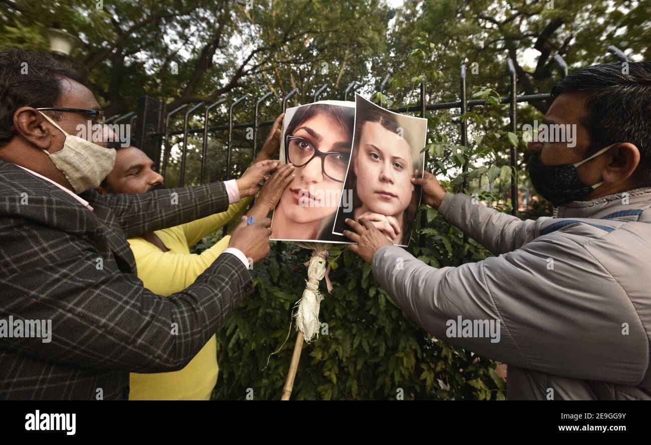 New Delhi India 4th Feb 2021 New Delhi India February 4 Activists From United Hindu Front Burn An Effigy Depicting Climate Change Activist Greta Thunberg Mia Khalifa Singer Rihanna Etc To