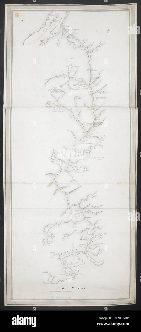 A map showing the post route between the River St. Lawrence and the Bay of Fundy   Author  Peachey, James 119.59.2.c. Place of publication: [Quebec] Publisher: Drawn by James Peachey Engr. 60th Regt., Date of publication: [between 1784 and 1787.]  Item type: 1 map on 2 sheets Medium: joined, manuscript pen and ink with watercolour Dimensions: 53 x 123 cm  Former owner: George III, King of Great Britain, 1738-1820 Stock Photo