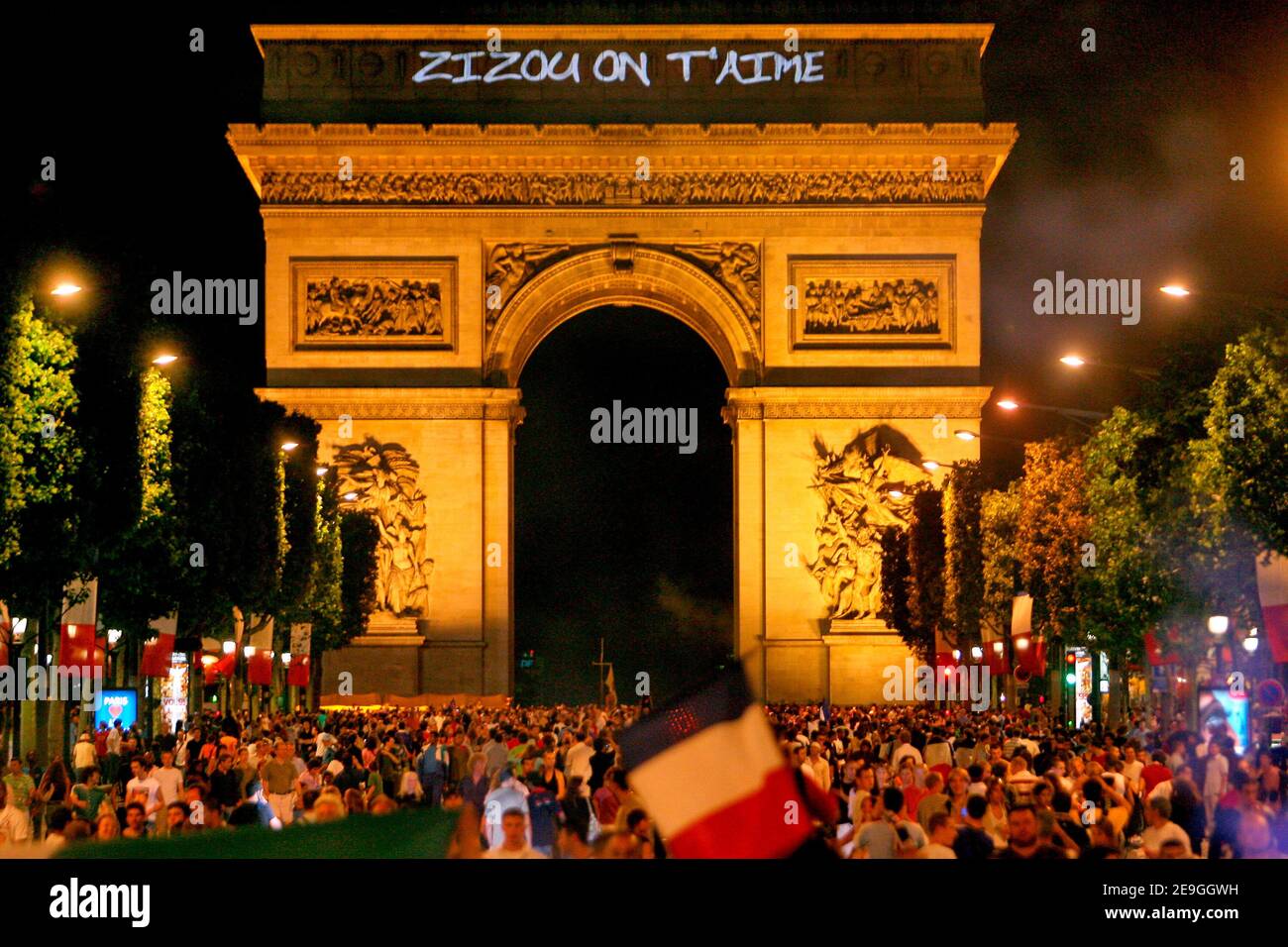 Ready to party despite the defeat of France National team in the 2006 World  Cup Final against Italy, thousands of French soccer fans meet on Champs  Elysees in Paris, France on July