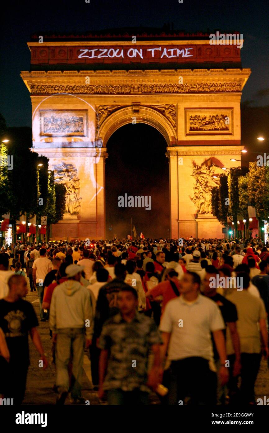 Ready to party despite the defeat of France National team in the 2006 World  Cup Final against Italy, thousands of French soccer fans meet on Champs  Elysees in Paris, France on July