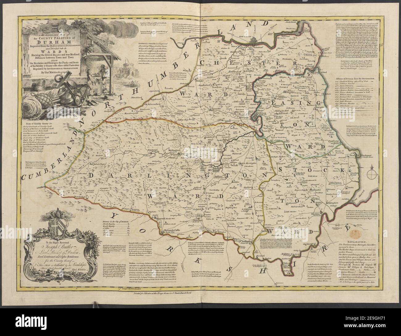 An Accurate Map of the County Palatine of Durham  Author  Kitchin, Thomas 12.28. Place of publication: [London] Publisher: Sold by J. Hinton at the Kings Arms in St. Pauls Church Yard. Date of publication: [1750 c.]  Item type: 1 map Medium: copperplate engraving with some hand-colouring Dimensions: 49.1 x 65.8 cm  Former owner: George III, King of Great Britain, 1738-1820 Stock Photo