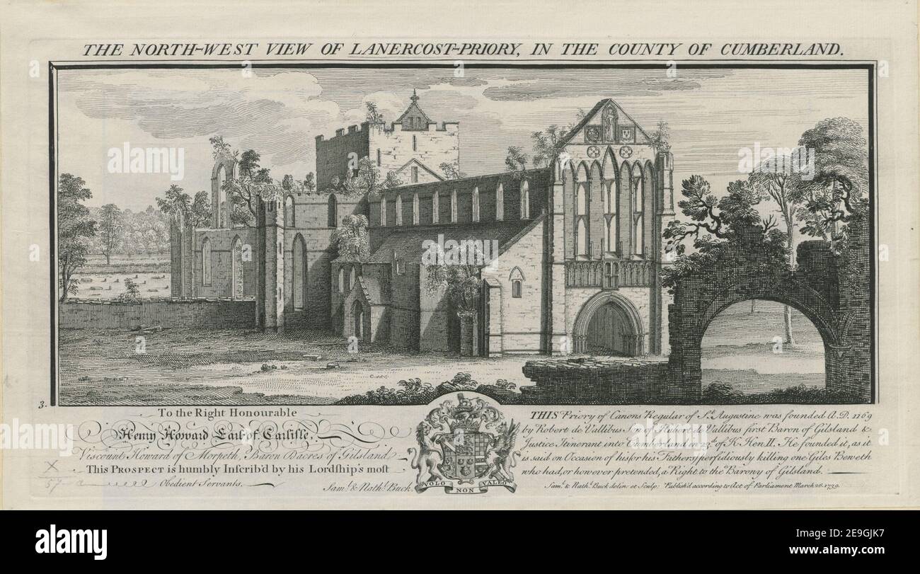 THE NORTH WEST VIEW OF LANERCOST PRIORY, IN THE COUNTY OF CUMBERLAND.  Author  Buck, Samuel 10.57.a. Place of publication: [London] Publisher: Publish'd according to Act of Parliament Date of publication: March 26. 1739.  Item type: 1 print Medium: etching and engraving Dimensions: platemark 19.4 x 37.0 cm, on sheet 21.7 x 39.2 cm.  Former owner: George III, King of Great Britain, 1738-1820 Stock Photo