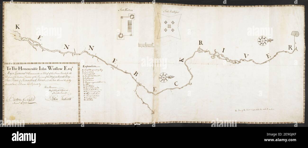 To The Honourable Iohn Winslow Esqr. Major General & Commander in Chief of the Forces Raisd for the Defence of the Eastern Frontiers of the Province of the Massachusetts Bay This Plan of Kennebeck River and the For Author  Indicott, John 120.23. Place of publication: Boston New England Publisher: by His Honours Most Oblig'd , Obedient Humble Servant John Indicott, Date of publication: Novemr. 12th. 1754.  Item type: 1 map on 2 sheets Medium: joined, manuscript pen and ink with watercolour Dimensions: 44 x 113 cm  Former owner: George III, King of Great Bri Stock Photo