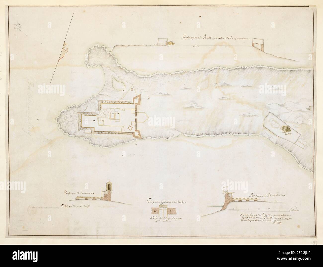 Fort William and Mary on Piscataqua River . Author  Romer, Wolfgang William 120.28.a. Date of publication: [1705]  Item type: 1 drawing Medium: ink and wash Dimensions: sheet 43.8 x 58.5 cm  Former owner: George III, King of Great Britain, 1738-1820 Stock Photo