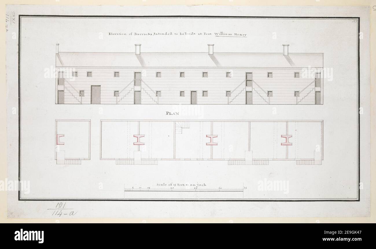 Elevation of Barracks Intended to be Built at Fort William Henry. Author  Abercrombie, James 121.114.a. Date of publication: [about 1756]  Item type: 1 drawing Medium: ink and wash Dimensions: sheet 23 x 39.4 cm  Former owner: George III, King of Great Britain, 1738-1820 Stock Photo