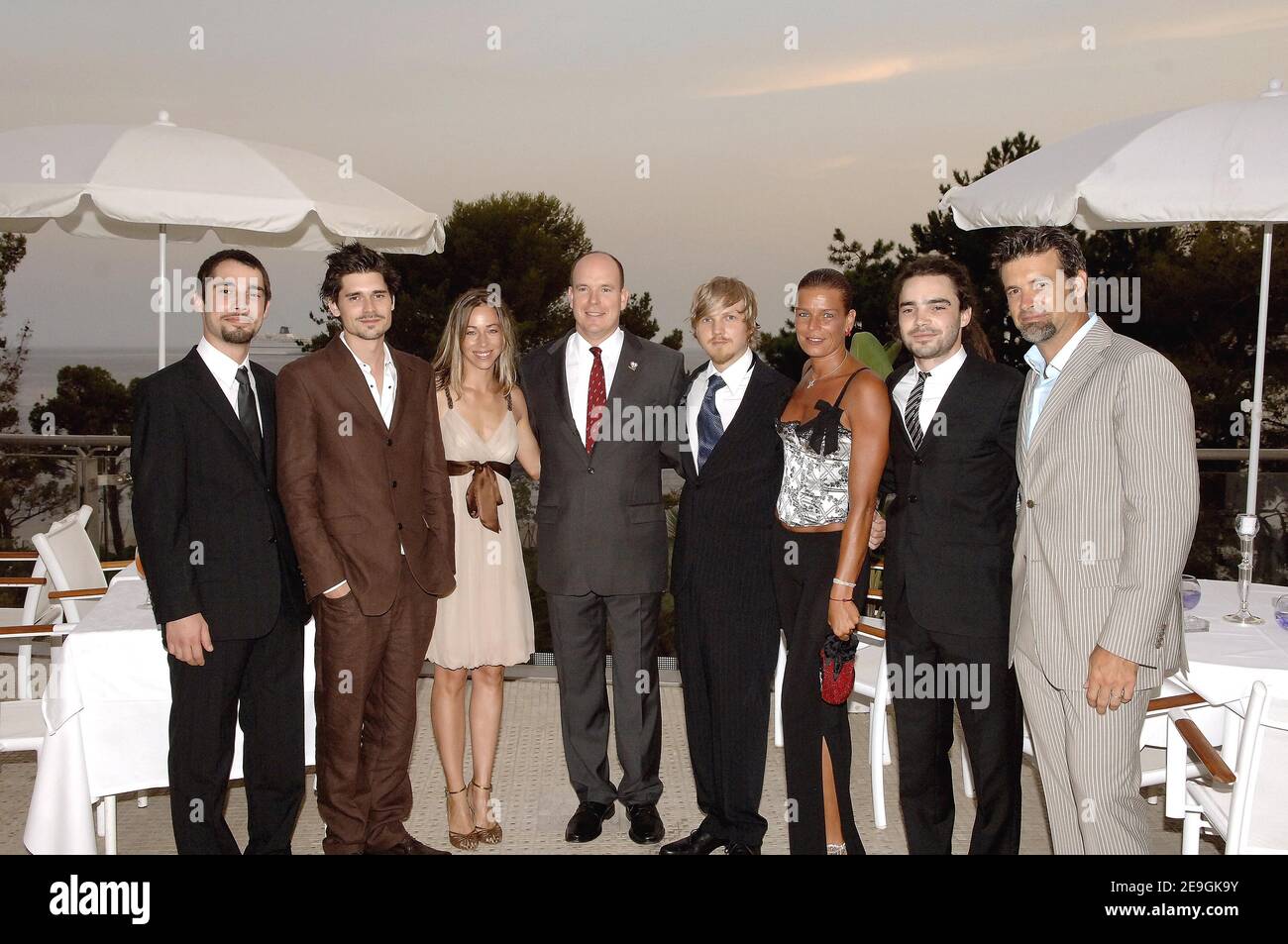 Princess Stephanie of Monaco and Prince Albert II along with Kyo members, Roch Voisine and his wife Myriam attend the 'Figh Aids Monaco' party held at the Sporting in Monaco, on July 21, 2006. Photo by Pool SBM/ABACAPRESS.COM Stock Photo