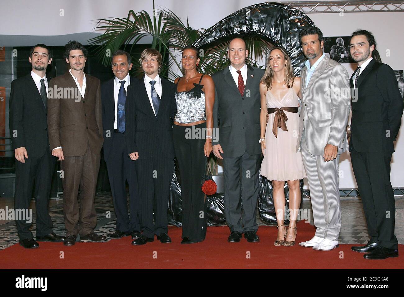 (l to r) Kyo members, Princess Stephanie of Monaco, Prince Albert II, Roch Voisine and his wife Myrian arrive at the 'Figh Aids Monaco' party held at the Sporting in Monaco, on July 21, 2006. Photo by Nebinger-Orban/ABACAPRESS.COM Stock Photo