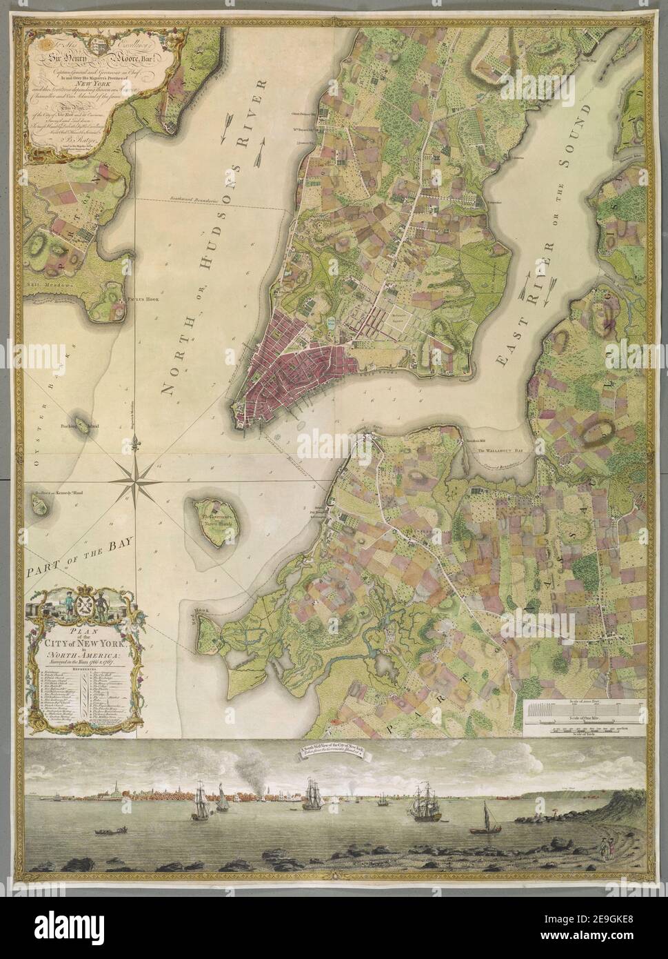 PLAN of the CITY of NEW YORK, in North America  Author  Ratzer, Bernard 121.36.b. Place of publication: [London] Publisher: [Thomas Kitchin] Date of publication: [about 1770.]  Item type: 1 map on 3 sheets Medium: joined and laid on linen, copperplate engraving with original hand colour Dimensions: map 118 x 86 cm  Former owner: George III, King of Great Britain, 1738-1820 Stock Photo