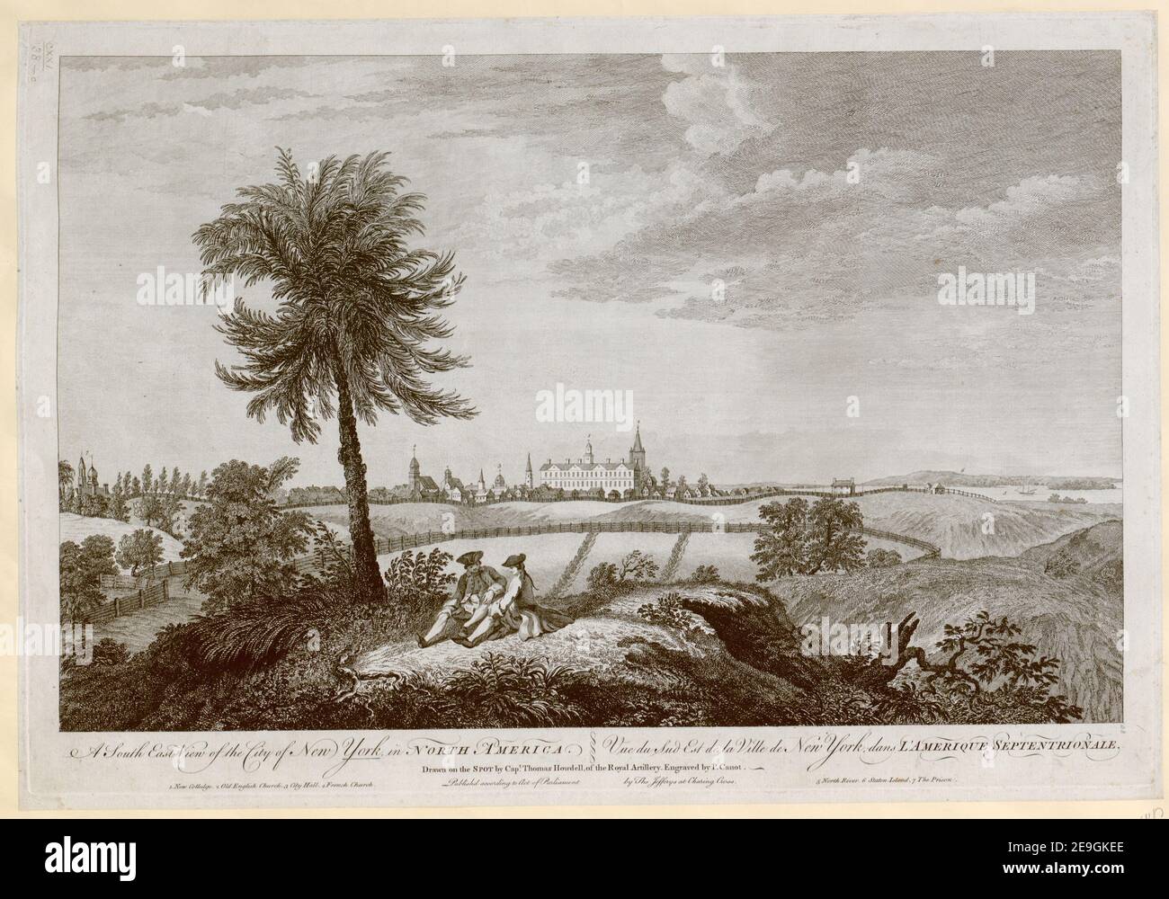 A South East View of the City of New York, in NORTH AMERICA = Vue du Sud Est de la Ville de New York, dans L'AMERIQUE SEPTENTRIONALE.  Author  Canot, Pierre Charles 121.38.c. Place of publication: [London] Publisher: Published according to Act of Parliament by Tho.s Jefferys at Charing Cross, Date of publication: [around 1768]  Item type: 1 print Medium: etching and engraving Dimensions: platemark 36 x 52.6 cm, on sheet 37 x 53.5 cm  Former owner: George III, King of Great Britain, 1738-1820 Stock Photo