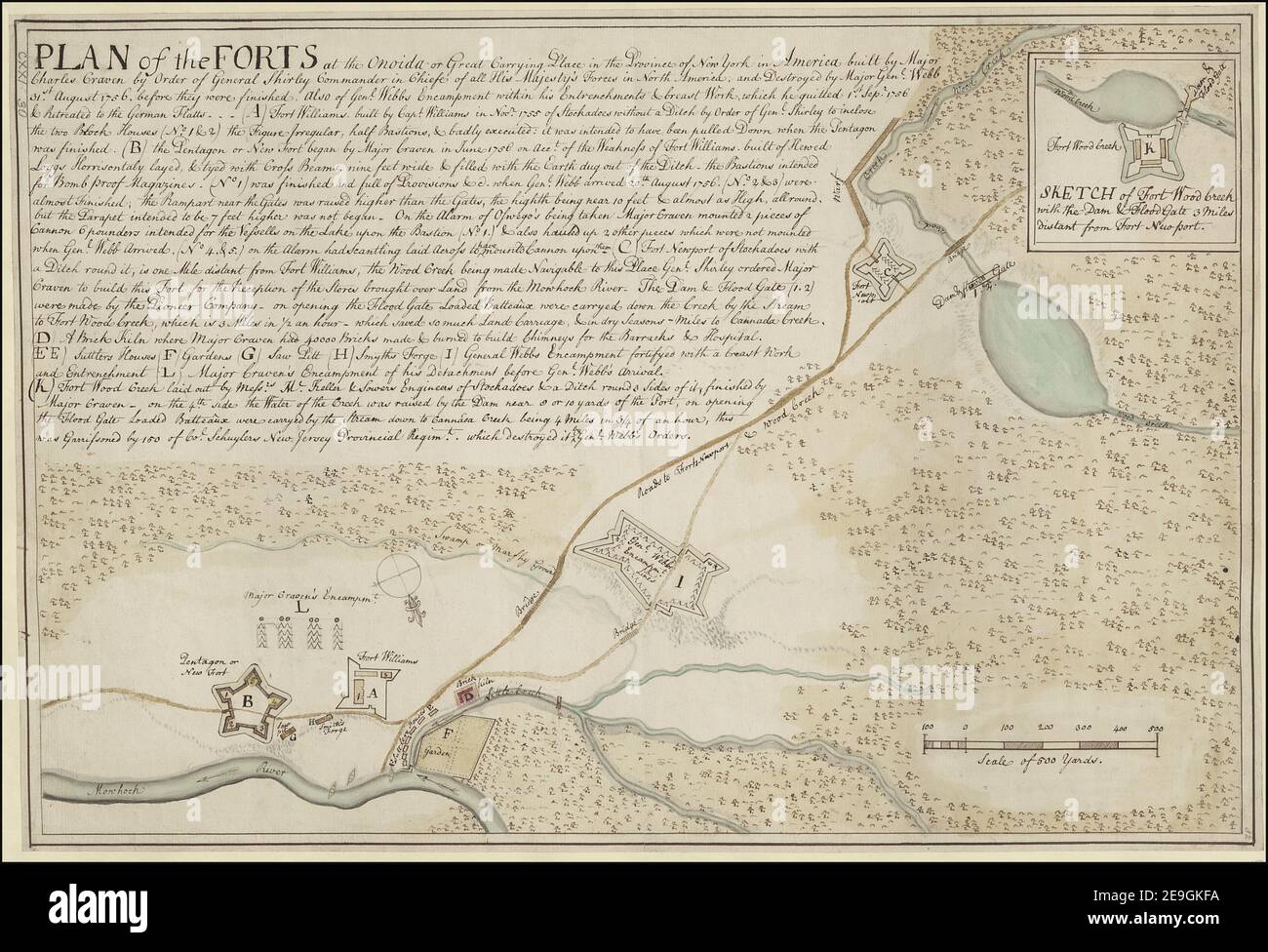 PLAN of the FORTS at the Onoida or Great Carrying Place in the Province of New York in America built by Major Charles Craven by Order of General Shirley Commander in Chiefe of all His Majesty's Forces in North Amer Map information:  Title: PLAN of the FORTS at the Onoida or Great Carrying Place in the Province of New York in America built by Major Charles Craven by Order of General Shirley Commander in Chiefe of all His Majesty's Forces in North America; and Destroyed by Gen.l Webb 31st. August 1756, before they were finished, also of General Webbs Encampment within his Entrenchments , Great W Stock Photo