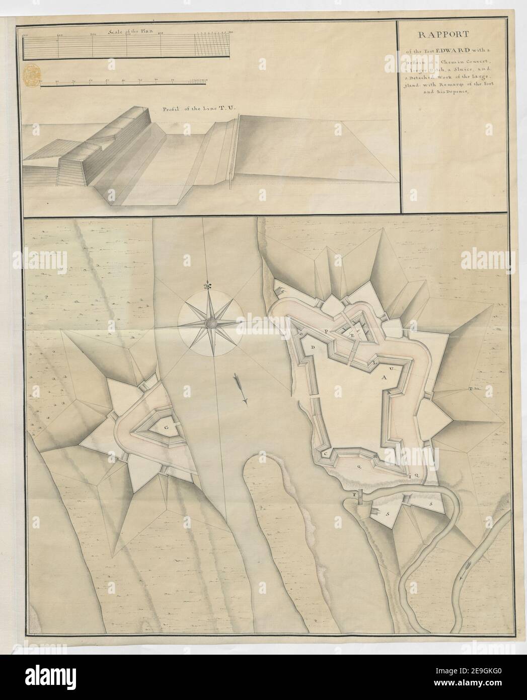 RAPPORT of the Fort EDWARD with a Dessein of a Chemin Couvert, a large Ditch, a Sluice, and a Detached work of the Large iland: with Remarqs of the fort and his Depence. Map information:  Title: RAPPORT of the Fort EDWARD with a Dessein of a Chemin Couvert, a large Ditch, a Sluice, and a Detached work of the Large iland: with Remarqs of the fort and his Depence. 121.64. Place of publication: [Fort Edward?] Publisher: [producer not identified] Date of publication: [between 1755 and 1757.]  Item type: 1 map Medium: manuscript pen and ink with watercolour Dim Stock Photo