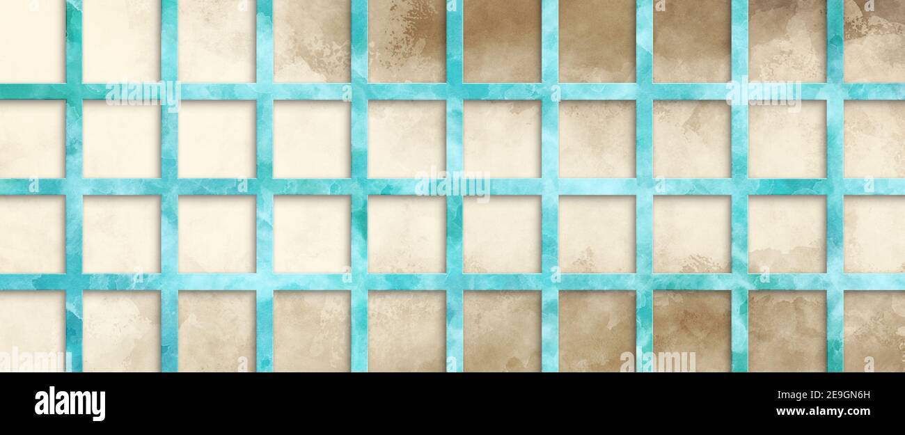marbled blue grid on brown watercolor background in abstract design, trendy terracotta and aquamarine blue colors and painted texture in striped lines Stock Photo
