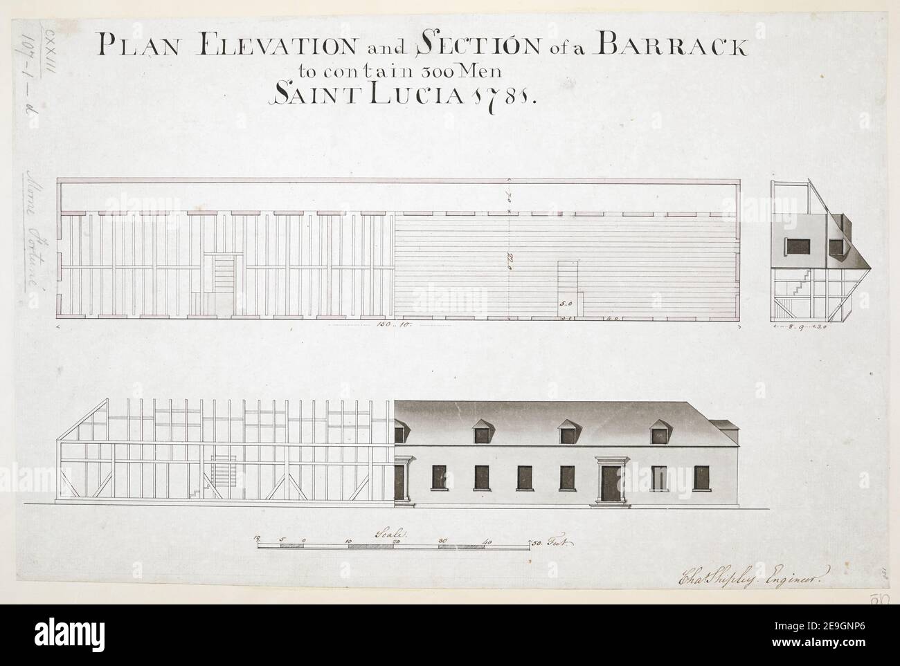 PLAN ELEVATION and SECTION of a BARRACK to contain 300 Men SAINT LUCIA 1781.  Author  Shipley, Charles 123.107.1.d. Date of publication: 1781.  Item type: 1 drawing Medium: ink and wash Dimensions: sheet 31.6 x 49 cm  Former owner: George III, King of Great Britain, 1738-1820 Stock Photo
