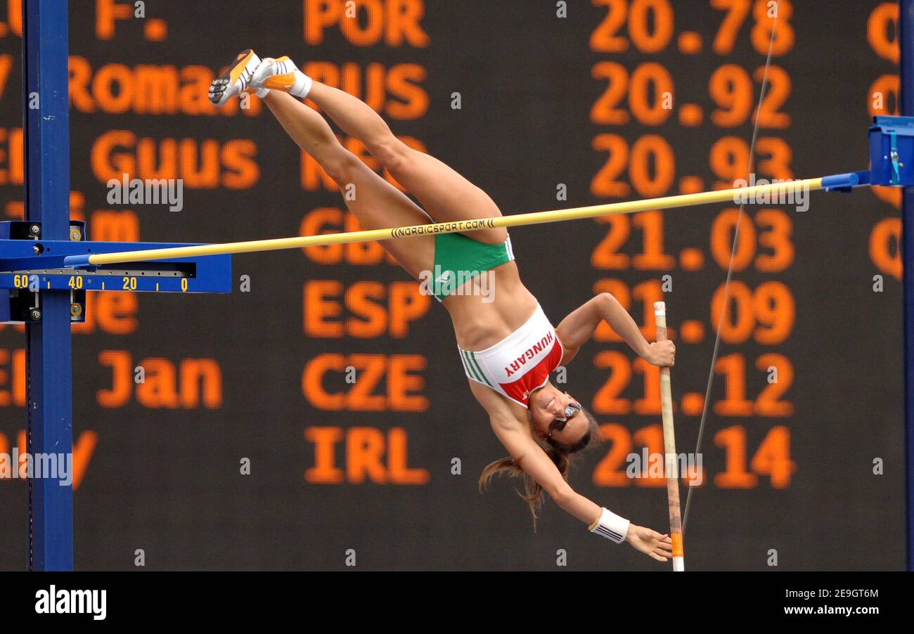 Hungaria's Krisztina Molnar competes on women's pole vault heat at the
