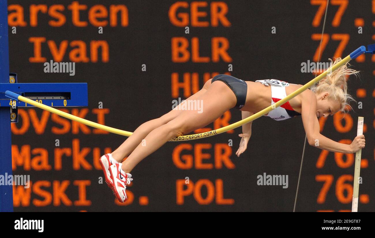 Germany's Nastja Ryshich competes on women's pole vault heat at the