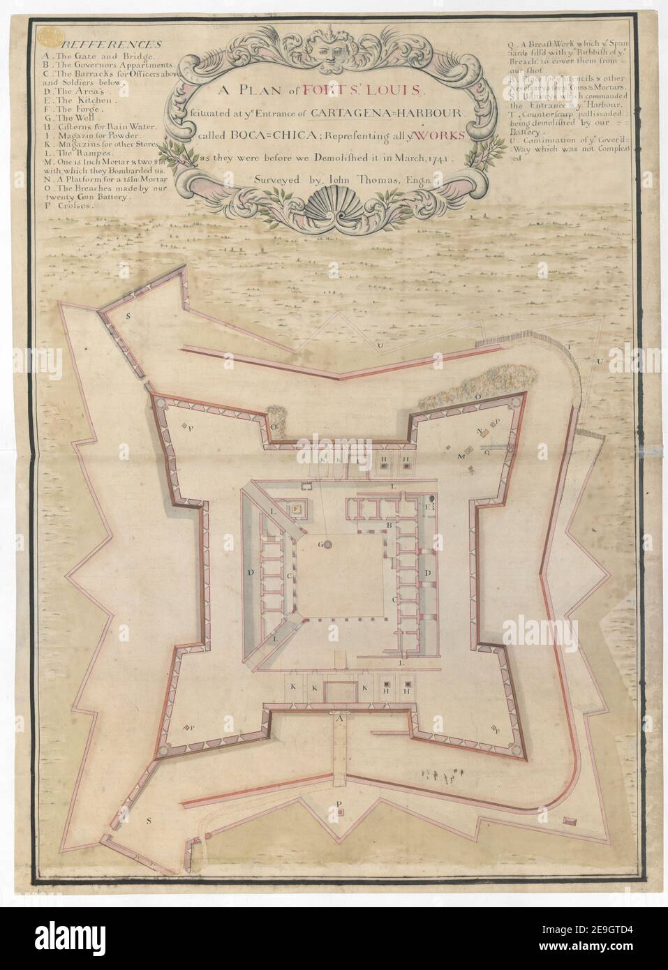 A PLAN OF FORT St. LOUIS. Scituated at ye Entrance of CARTAGENA HARBOUR. called BOCA CHICA Representing all ye WORKS as they were before we Demolished it in March. 1741.  Author  Thomas, John 124.32. Place of publication: [Cartagena?] Publisher: [Iohn Thomas] Date of publication: [1741.]  Item type: 1 map Medium: ink and wash over pencil Dimensions: 70 x 49 cm  Former owner: George III, King of Great Britain, 1738-1820 Stock Photo