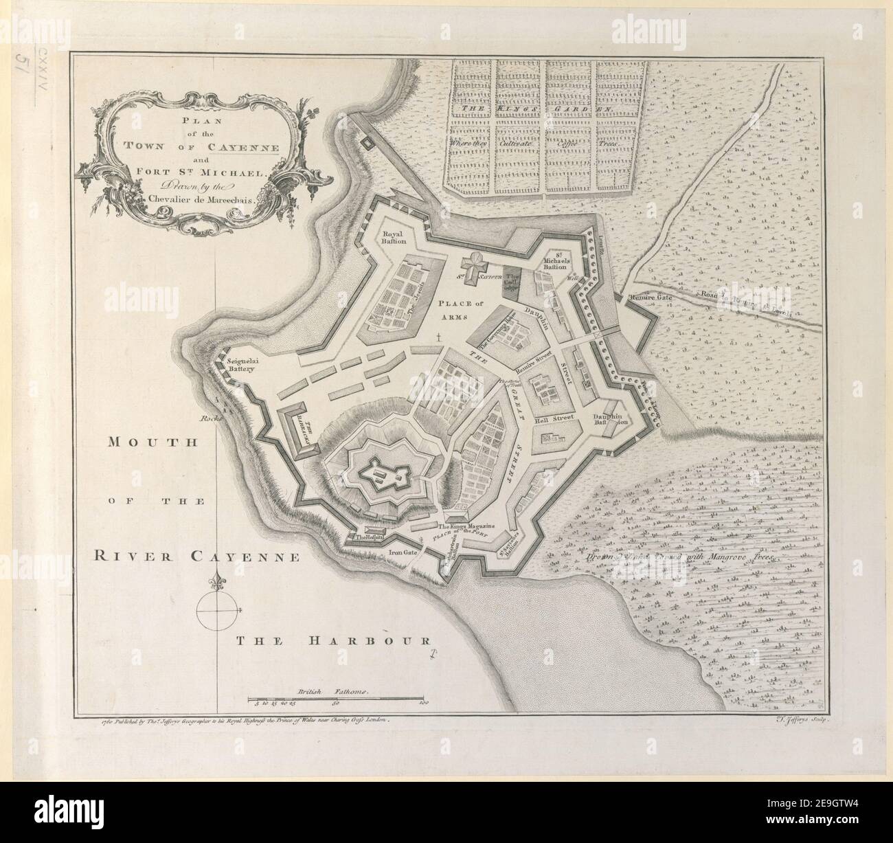 PLAN of the TOWN OF CAYENNE and FORT ST. MICHEL.  Author  Marchais, R. de 124.51. Place of publication: London Publisher: 1760 Published by Thos. Jefferys Geographer to his Royal Highness the Prince of Wales near Charing Cross London., Date of publication: [1760.]  Item type: 1 map Dimensions: 32 x 35 cm  Former owner: George III, King of Great Britain, 1738-1820 Stock Photo