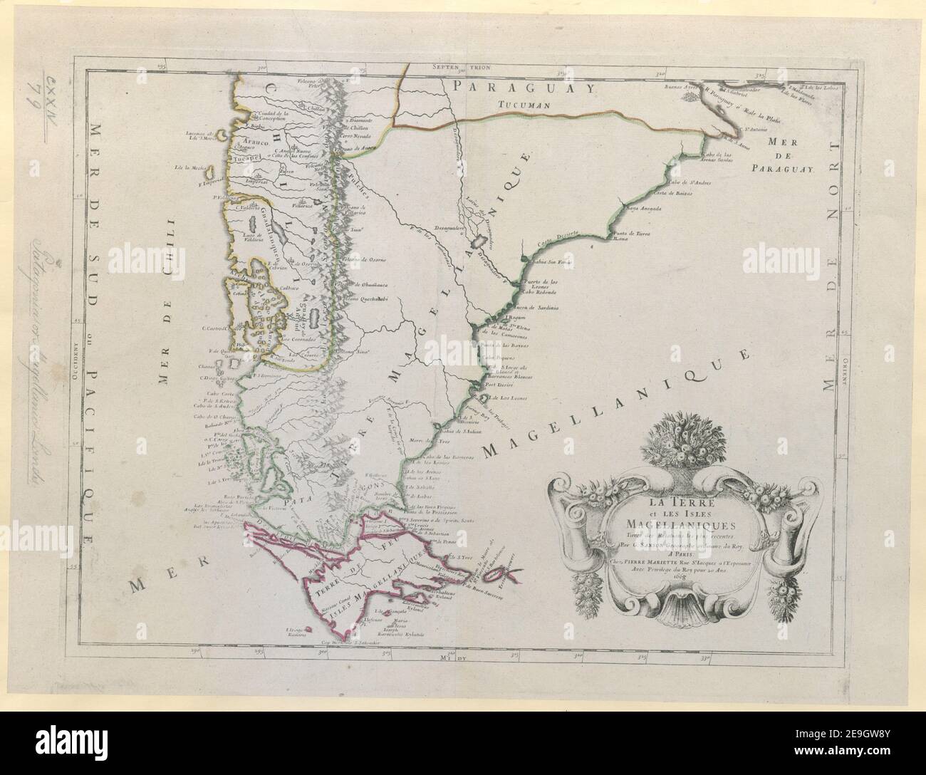 LA TERRE et LES ISLES MAGELLANIQES  Author  Sanson, Guillaume 124.79. Place of publication: Paris Publisher: Chez Pierre Mariette Rue St. Iacques a l'Esperance. Avec Privilege du Roy pour 20 Ans., Date of publication: [1668.]  Item type: 1 map Medium: hand coloured Dimensions: 36 x 48 cm  Former owner: George III, King of Great Britain, 1738-1820 Stock Photo