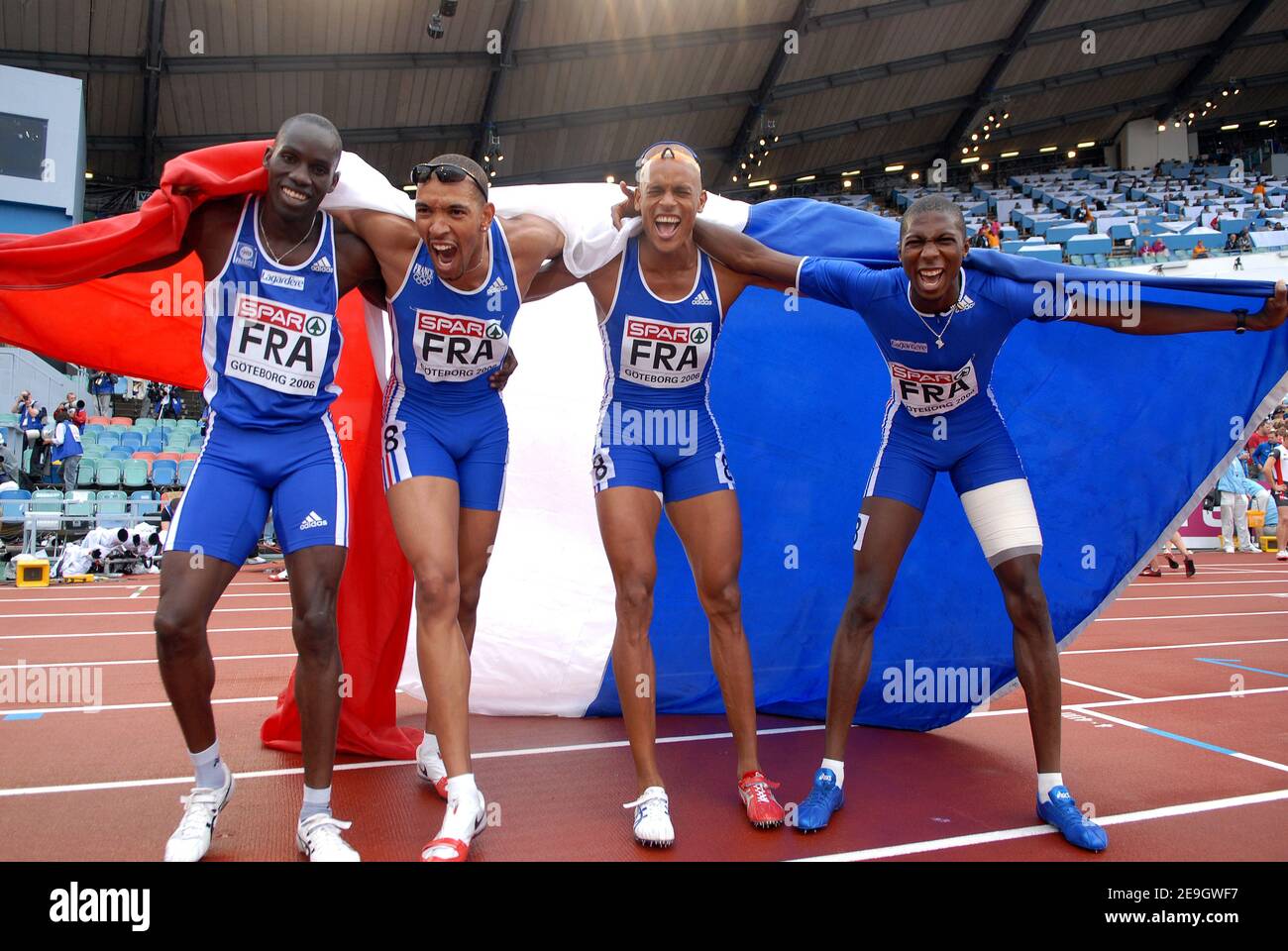 French 4x400 M Team Leslie Djhone Naman Keita Marc Raquil And Idrissa M Barke Celebrate After Taking The Gold Medal In The Men S 4x400 Meters Relay Final At The European Track And Field