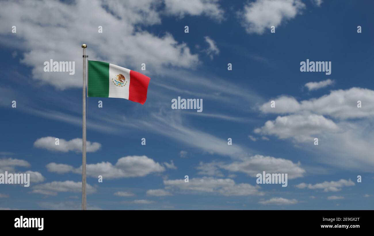 Mexican flag waving in the wind. Blue sky clouds with Mexico banner ...