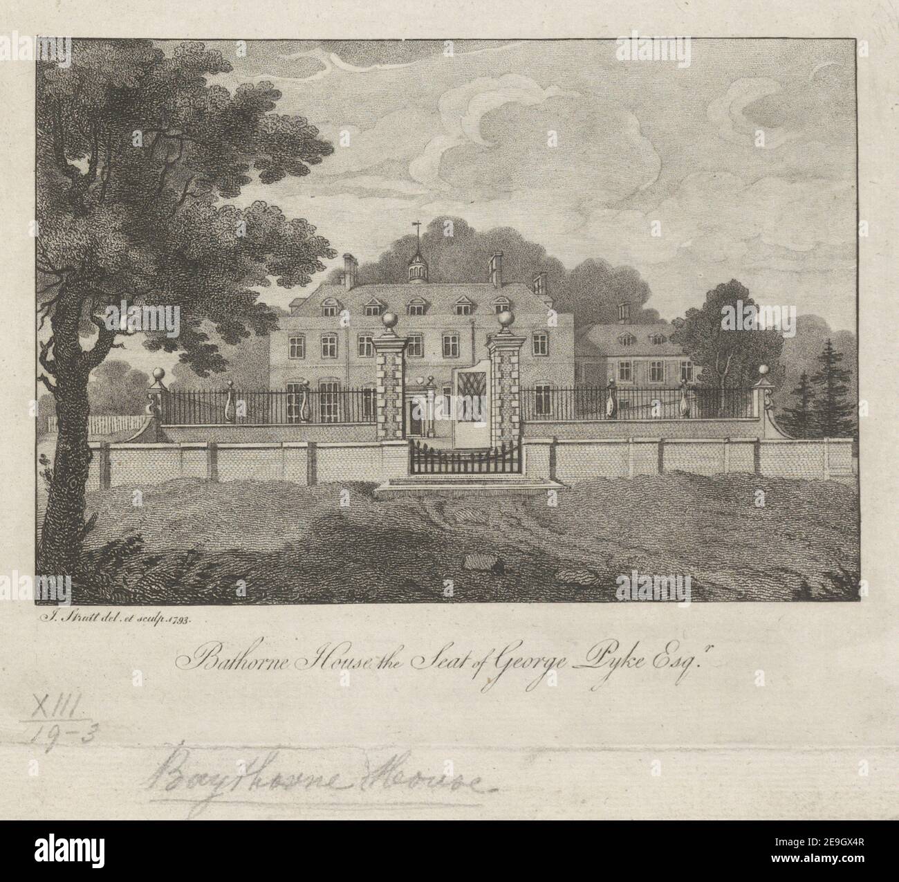 Bathorne House, the Seat of George Pyke Esq.r  Author  Strutt, Joseph 13.19.3. Place of publication: [London] Publisher: [unknown publisher]., Date of publication: [1793.]  Item type: 1 print Medium: etching and aquatint Dimensions: platemark 16.4 x 20.4 cm  Former owner: George III, King of Great Britain, 1738-1820 Stock Photo