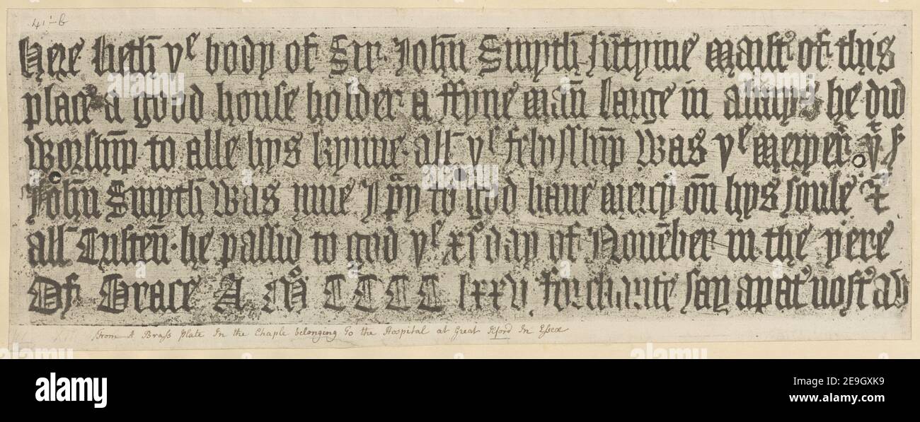 Impressions from the sepulchral brass of Sir John Smyth, (who died 11th Nov. 1475,) in the chapel belonging to the Hospital at Great Ilford. Map information:  Title: Impressions from the sepulchral brass of Sir John Smyth, (who died 11th Nov. 1475,) in the chapel belonging to the Hospital at Great Ilford. 13.41.b. Date of publication: ca. 1660-1825.  Item type: Ms. Each 1 f. 3 in. x 7 in.  Former owner: George III, King of Great Britain, 1738-1820 Stock Photo