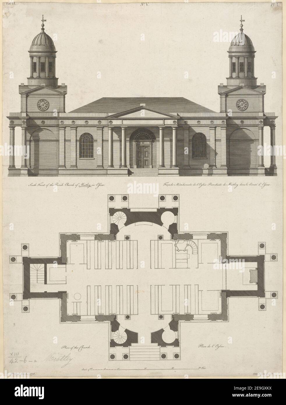 Elevation of one end of the Church at Mistley = EleÃÅvation d'un Bout de l'Eglise aÃÄ Mistley.  Author  Roberts, John 13.42.6.b. Place of publication: [London] Publisher: [R. Adam] Date of publication: [1778-1779 c.]  Item type: 1 print Medium: etching and engraving Dimensions: sheet 58.2 x 43.6 cm [trimmed within platemark]  Former owner: George III, King of Great Britain, 1738-1820 Stock Photo