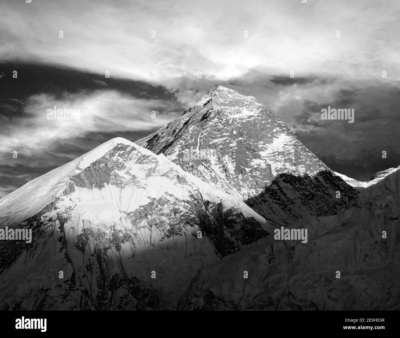 Evening black and white view of Everest from Kala Patthar - trek to Everest base camp - Nepal Stock Photo