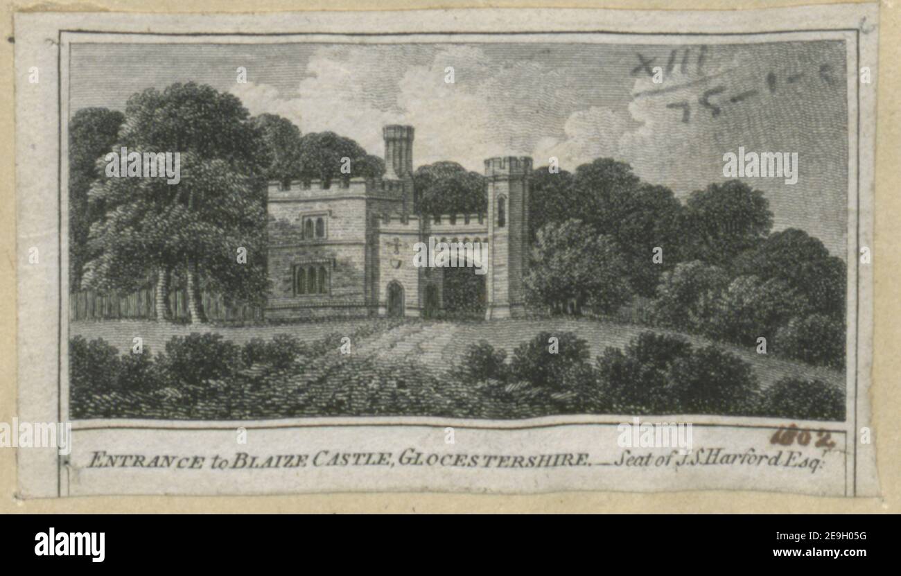 ENTRANCE TO BLAIZE CASTLE, GLOUCESTERSHIRE  Visual Material information:  Title: ENTRANCE TO BLAIZE CASTLE, GLOUCESTERSHIRE  13.75.1.c. Place of publication: [England] Publisher: [William Peacock] Date of publication: [1802]  Item type: 1 print Medium: etching and engraving Dimensions: sheet 3.7 x 6.5 cm.  Former owner: George III, King of Great Britain, 1738-1820 Stock Photo