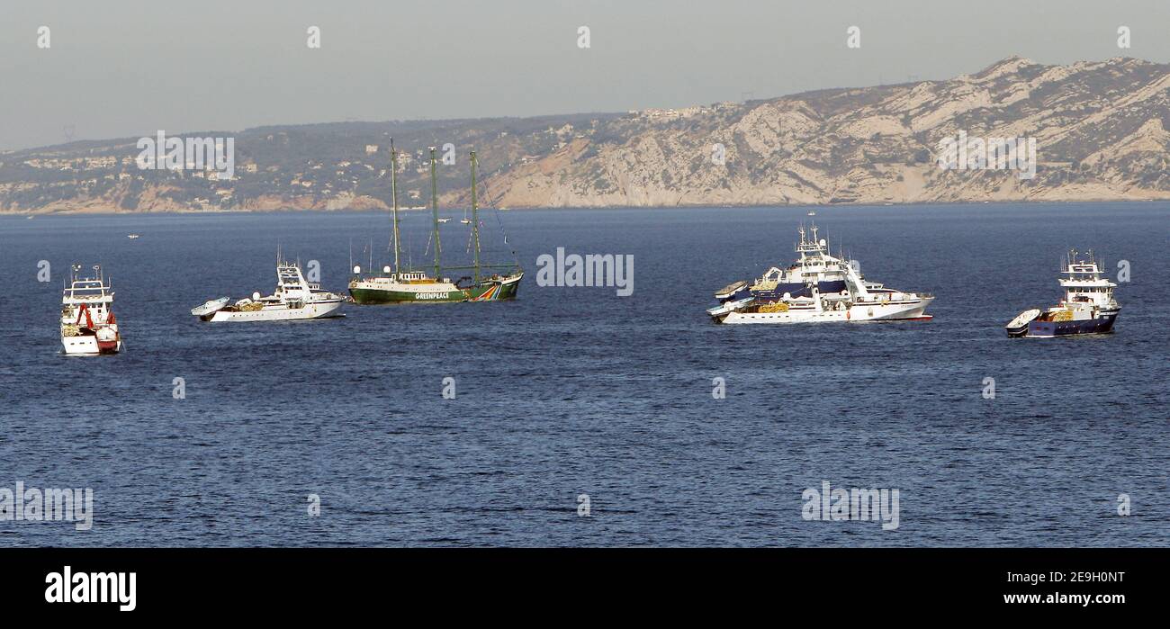 Greenpeace's Rainbow Warrior II is circled by tuna fishing vessels to prevent it from docking, as it tries to move into Marseille's harbour, August 23, 2006. Fishermen in the southern French port city of Marseille have used Greenpeace's own tactics against it to prevent the environmental activist group's flagship from docking.. Rainbow Warrior II campaigns to save dwindling red tuna stocks. Photo by Gerald Holubowicz/ABACAPRESS.COM Stock Photo