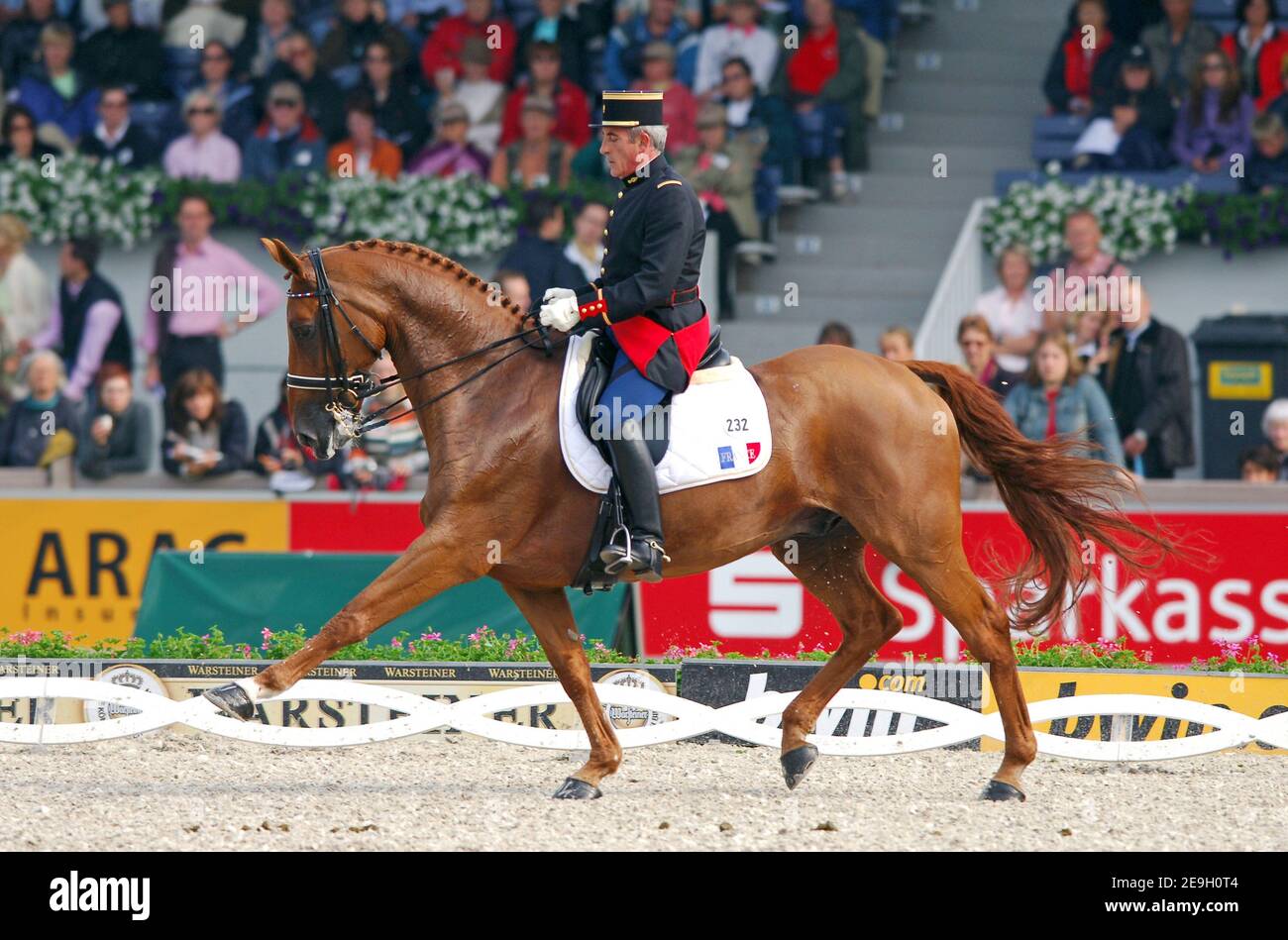 French dressage rider Hubert Perring on his horse 'Diabolo Saint Maurice ' at the FEI World Equestrian Games 2006 in Aachen, Germany, on August 22, 2006. German team won the gold medal. Photo by Edwin Cooke/Cameleon/ABACAPRESS.COM Stock Photo