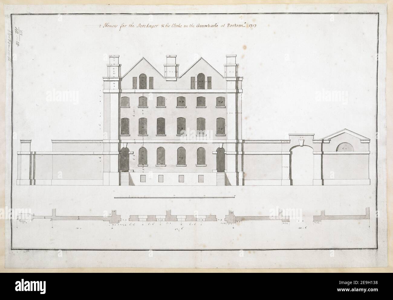 2 Houses for the Storekeeper & his clerke on the Gunwharfe at Portsm. Visual Material information:  Title: 2 Houses for the Storekeeper , his clerke on the Gunwharfe at Portsm. 14.42.w. Date of publication: 1717.  Item type: 1 drawing Medium: pen and black ink with monochrome wash Dimensions: sheet 40.2 x 58.3 cm  Former owner: George III, King of Great Britain, 1738-1820 Stock Photo