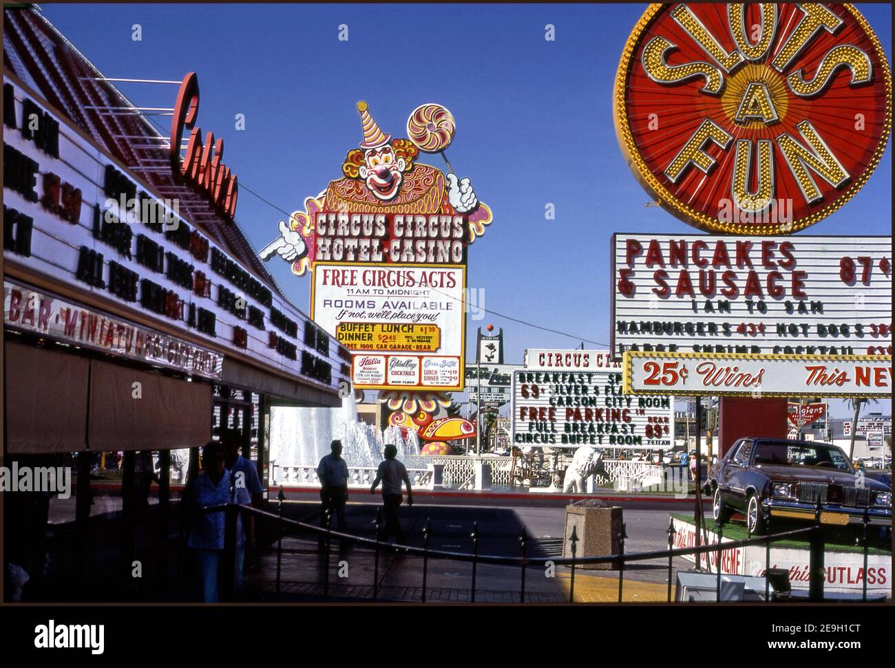 Signs in front of Circus Circus Hotel and Casino in Las Vegas, Nevada circa 1970s. Stock Photo