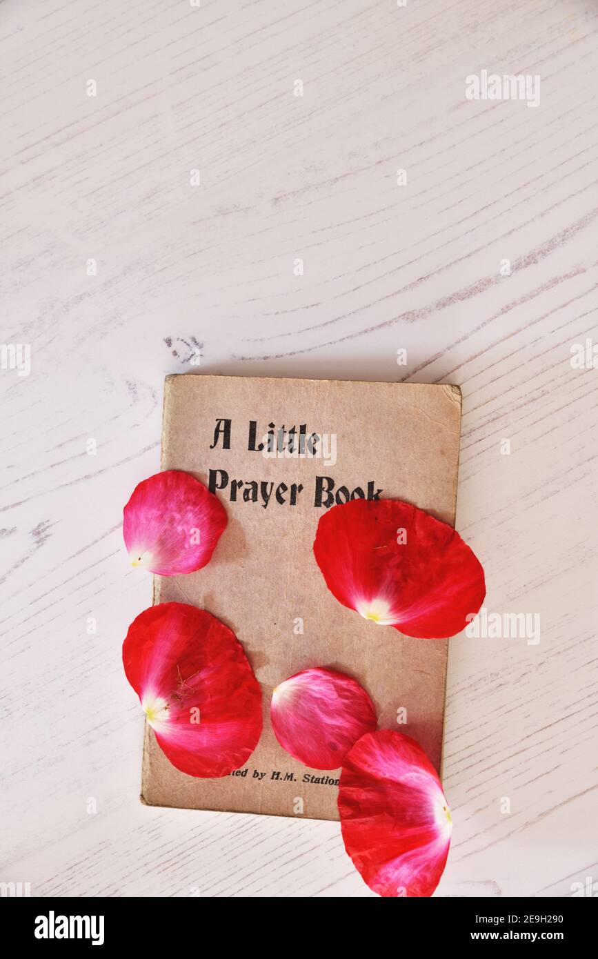 Poppy petals on top of First World War prayer book Stock Photo