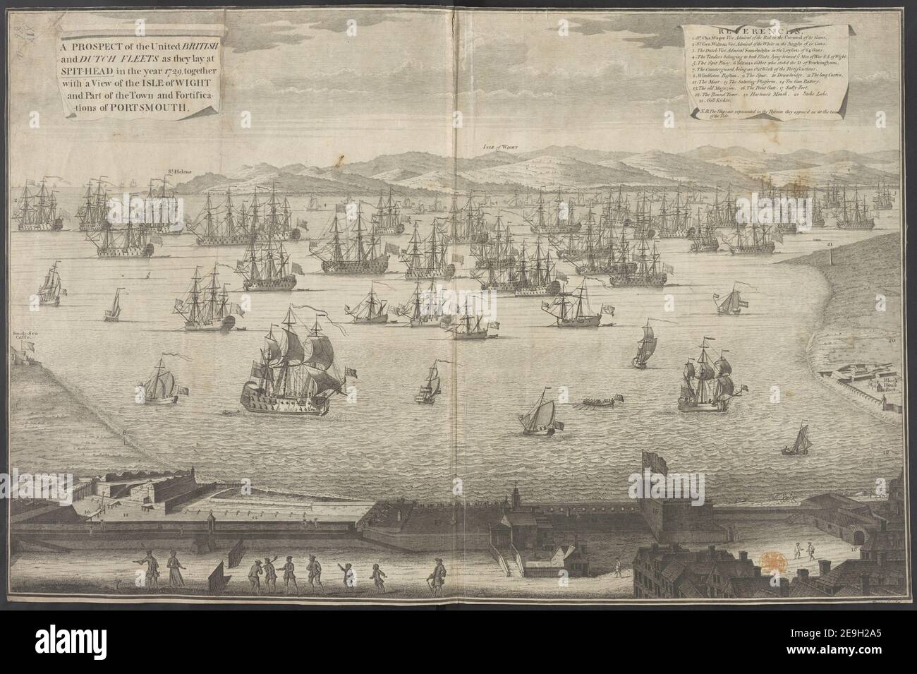 A Prospect of the United British and Dutch Fleets as they lay at Spit Head in the year 1729, together with a View of the Isle of Wight and Part of the Town and Fortifications of Portsmouth.  Author  Toms, William Henry 14.86.a. Place of publication: [place of publication unknown] Publisher: [publisher unknown] Date of publication: [1729 c.]  Item type: 1 print Medium: etching Dimensions: sheet 45.0 x 68.5 cm [trimmed within platemark]  Former owner: George III, King of Great Britain, 1738-1820 Stock Photo