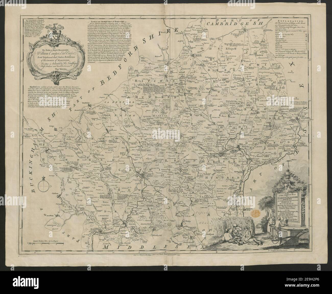 A New Improved Map of Hartfordshire  Author  Kitchin, Thomas 15.(45.) Place of publication: [London] Publisher: Sold by I. Hinton at the Kings Arms in St. Pauls Churchyard London, Date of publication: 1749.  Item type: 1 map Medium: copperplate engraving Dimensions: 50.9 x 63.0 cm  Former owner: George III, King of Great Britain, 1738-1820 Stock Photo