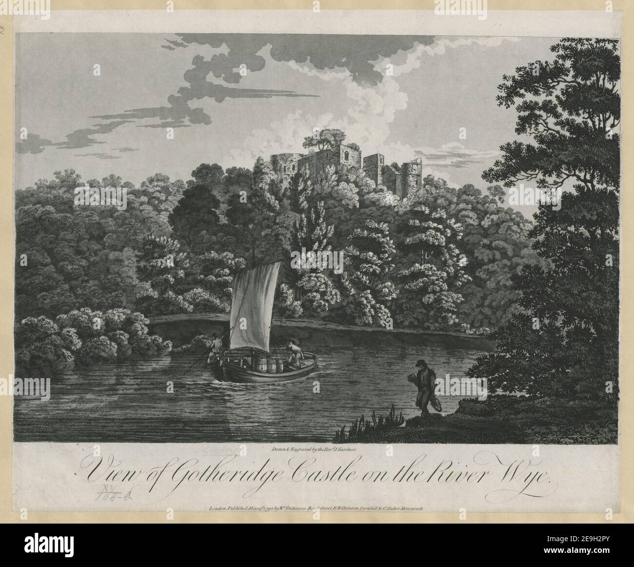 View of Gotheridge Castle on the River Wye.  Author  Gardnor, John 15.108.b. Place of publication: London. Publisher: Published May 14th. 1792 by Wm. Dickenson Bond Street, R. Wilkinson, Cornhill, , O. Tudor Monmouth. Date of publication: [May 14 1792]  Item type: 1 print Medium: aquatint and etching Dimensions: sheet 37.4 x 45.3 cm (trimmed below platemark)  Former owner: George III, King of Great Britain, 1738-1820 Stock Photo