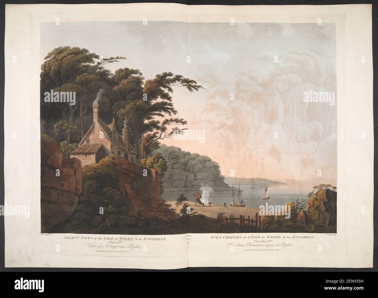 SELECT VIEWS of the ISLE of WIGHT, & its ENVIRONS, Plate 9th. View of a Cottage near Ryde. = VUÃÇES CHOISIES de L'ISLE de WIGHT, & les ENVIRONS. Planche 9me VuÃÇe d'une Chaumiere aupreÃÄs de RyÃÇde.  Author  Cartwright, Thomas 15.15.i. Place of publication: London Publisher: Published Jan 1 1810 James Daniell , Co No480 Strand., Date of publication: [January 1 1810]  Item type: 1 print Medium: aquatint and etching with hand-colouring Dimensions: platemark 55.9 x 72.6 cm, on sheet 60.3 x 84.7 cm  Former owner: George III, King of Great Britain, 1738-1820 Stock Photo