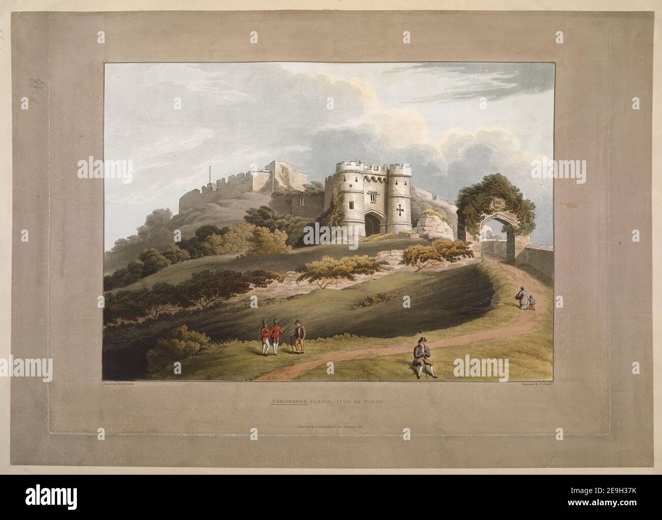 CARISBROOK CASTLE, ISLE OF WIGHT.  Author  Havell, Robert 15.23.k. Place of publication: [Cambridge] Publisher: Published by R. Harraden, Son Cambridge, Date of publication: 1814.  Item type: 1 print Medium: aquatint and etching with hand-colouring Dimensions: sheet 43 x 60.8 cm  Former owner: George III, King of Great Britain, 1738-1820 Stock Photo