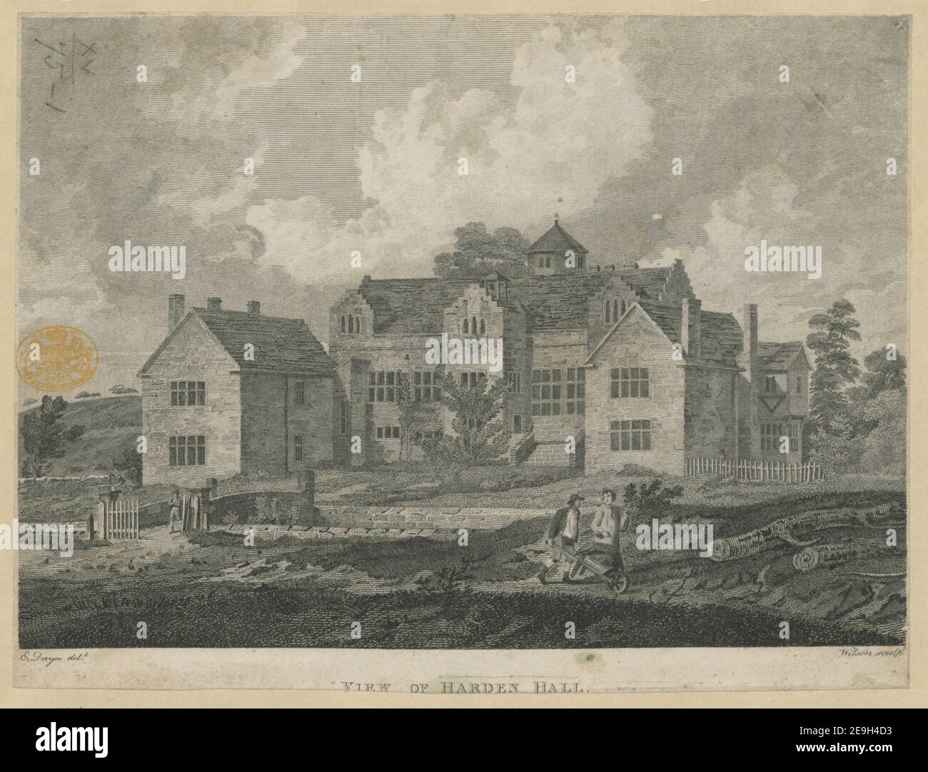 View of Harden Hall.  Author  Wilson, William 15.75.1. Place of publication: [London] Publisher: [John Stockdale]., Date of publication: [1795.]  Item type: 1 print Medium: etching Dimensions: [trimmed within platemark] 17.4 x 23.2 cm  Former owner: George III, King of Great Britain, 1738-1820 Stock Photo