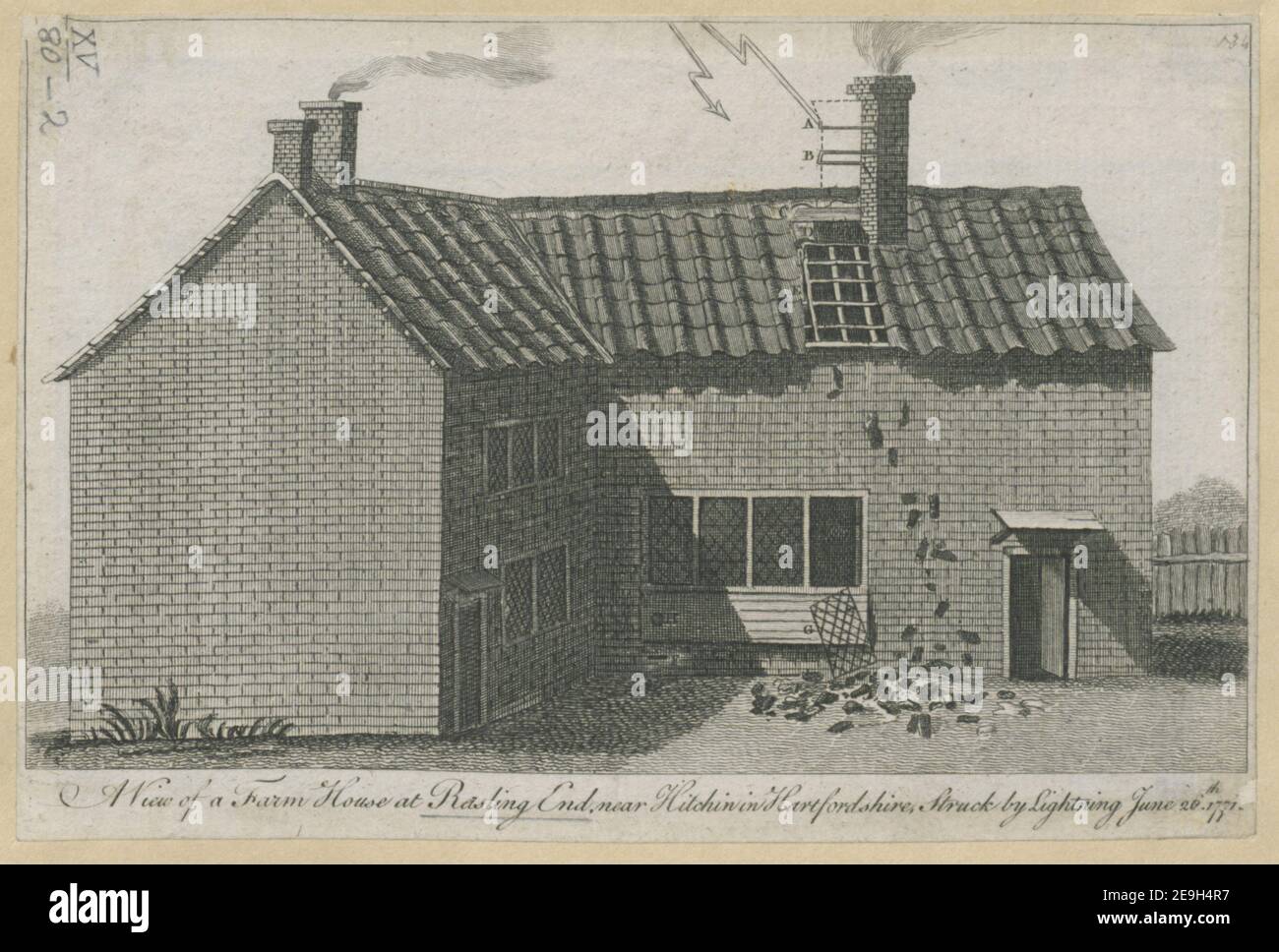 A View of a Farm House at Rasling end, near Hitchin in Hartfordshire, Struck by Lightning June 26.th 1771. Visual Material information:  Title: A View of a Farm House at Rasling end, near Hitchin in Hartfordshire, Struck by Lightning June 26.th 1771. 15.80.2. Place of publication: [London] Publisher: [I.A. Goll]., Date of publication: [1771 c.]  Item type: 1 print Medium: etching Dimensions: [trimmed within platemark] 11.7 x 17.4 cm  Former owner: George III, King of Great Britain, 1738-1820 Stock Photo