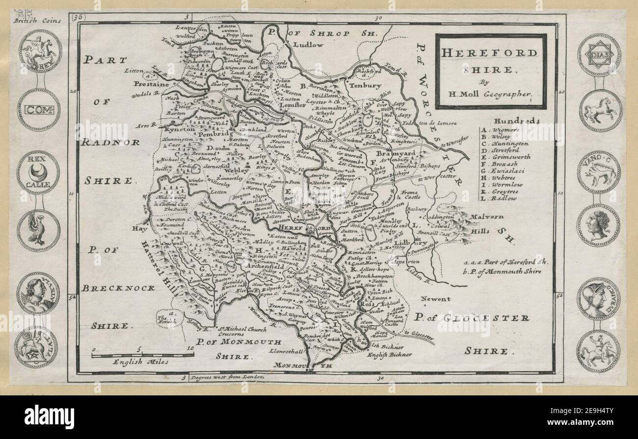 HEREFORD SHIRE.  Author  Moll, Herman 15.92. Place of publication: [London] Publisher: [Herman Moll] Date of publication: [1724 or after]  Item type: 1 map Medium: cooperplate engraving Dimensions: 17.7 x 24.1 cm  Former owner: George III, King of Great Britain, 1738-1820 Stock Photo