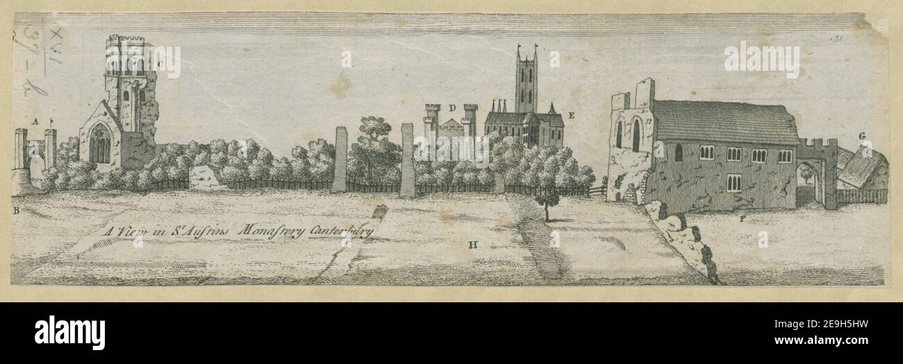 A View in St. Austins Monastery Canterbury. Author  Stukeley, William 16.37.b. Place of publication: [London] Publisher: [W. Stukeley] Date of publication: [1724]  Item type: 1 print Medium: etching Dimensions: sheet 8.3 x 26.9 cm [trimmed within platemark]  Former owner: George III, King of Great Britain, 1738-1820 Stock Photo