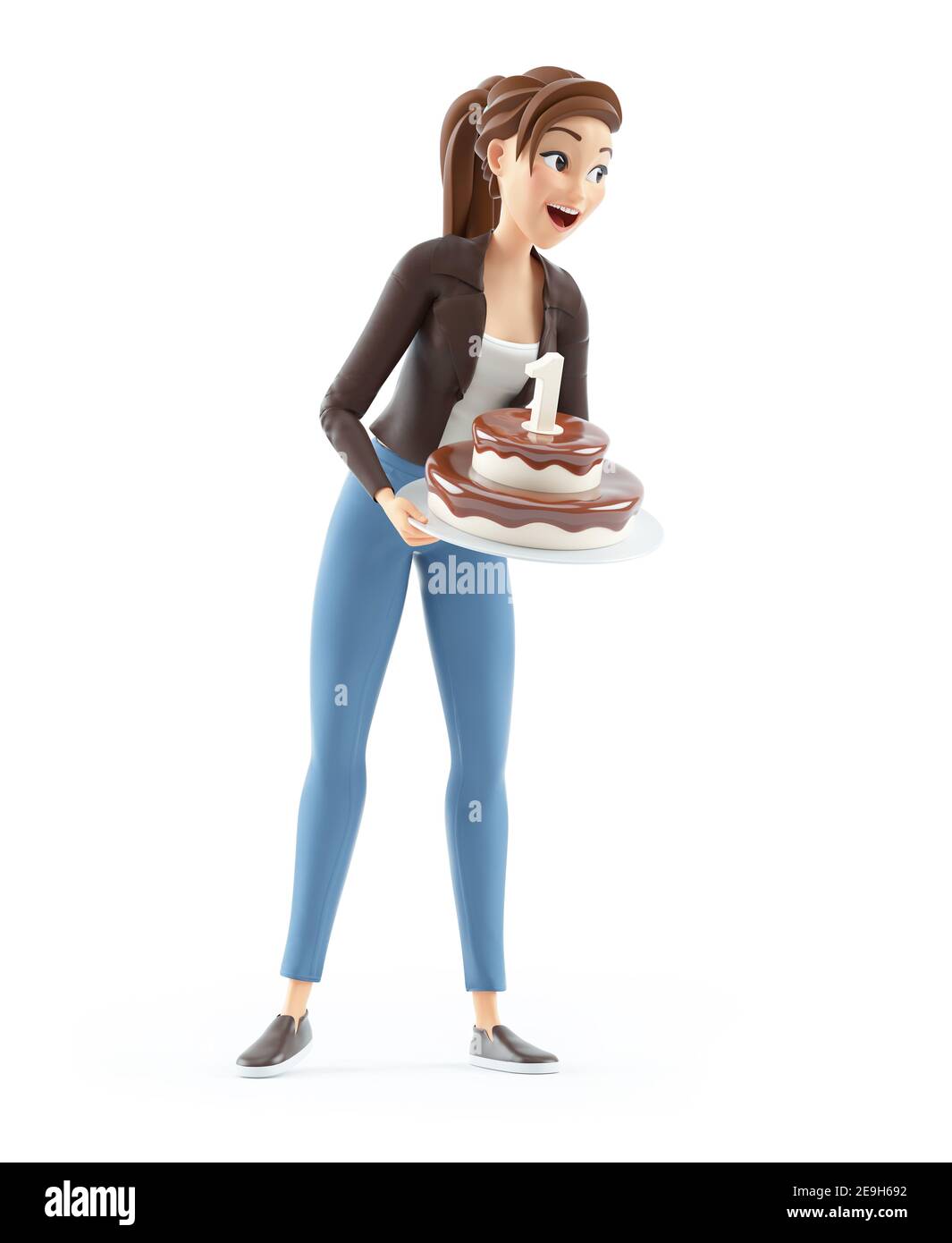 3d cartoon woman holding birthday cake, illustration isolated on white background Stock Photo